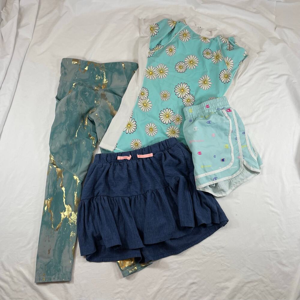 Girls Summer Lot 4pc UV Top Skort Shorts Leggings M L Blue Gold Teal Multi Brand